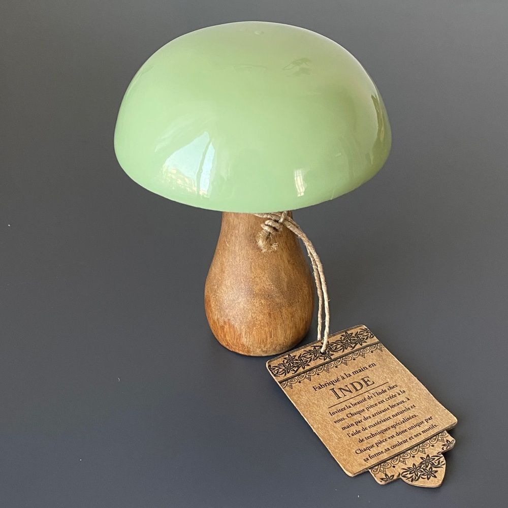 Mint Green and Brown Wood Mushroom Decore Accent 5.25” Tall